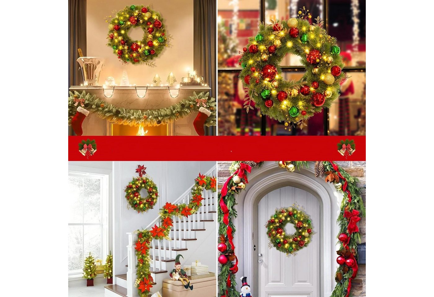 Coonoor Dekokranz LED Weihnachtskränze Künstlicher Weihnachtskranz Adventskranz für Tür, für Weihnachten Türen Bäumen Wänden Fenstern – Bild 3 von 5
