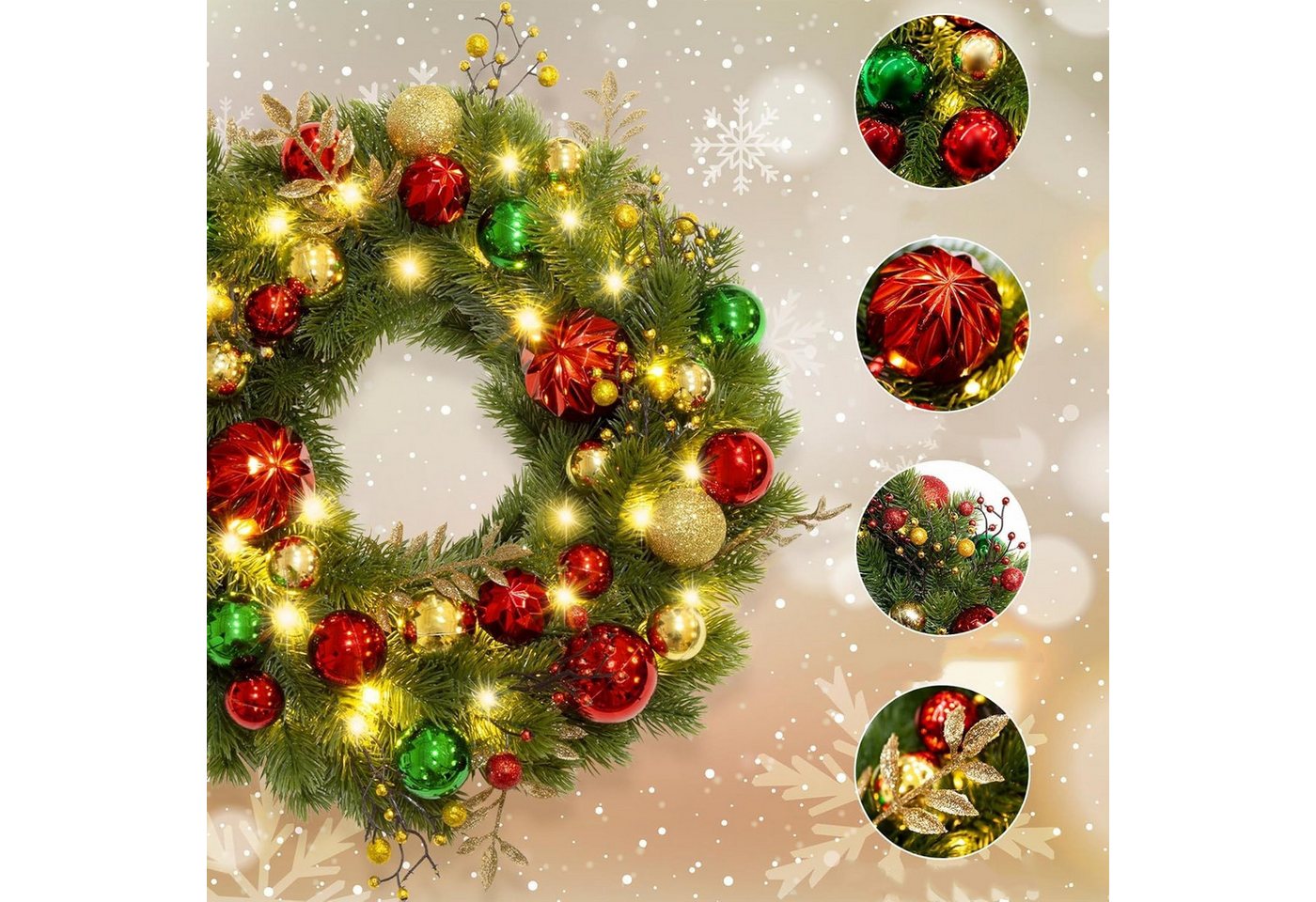 Coonoor Dekokranz LED Weihnachtskränze Künstlicher Weihnachtskranz Adventskranz für Tür, für Weihnachten Türen Bäumen Wänden Fenstern – Bild 4 von 5