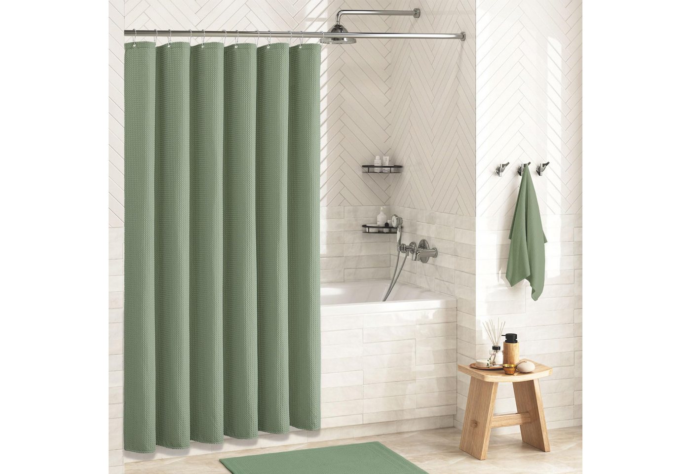 Coonoor Duschvorhang Duschvorhang aus Waffelstoff, wasserabweisend, waschbar & extra dick Breite 180 cm (1-tlg), strukturierter Stoffvorhang für Badezimmer – Bild 2 von 5