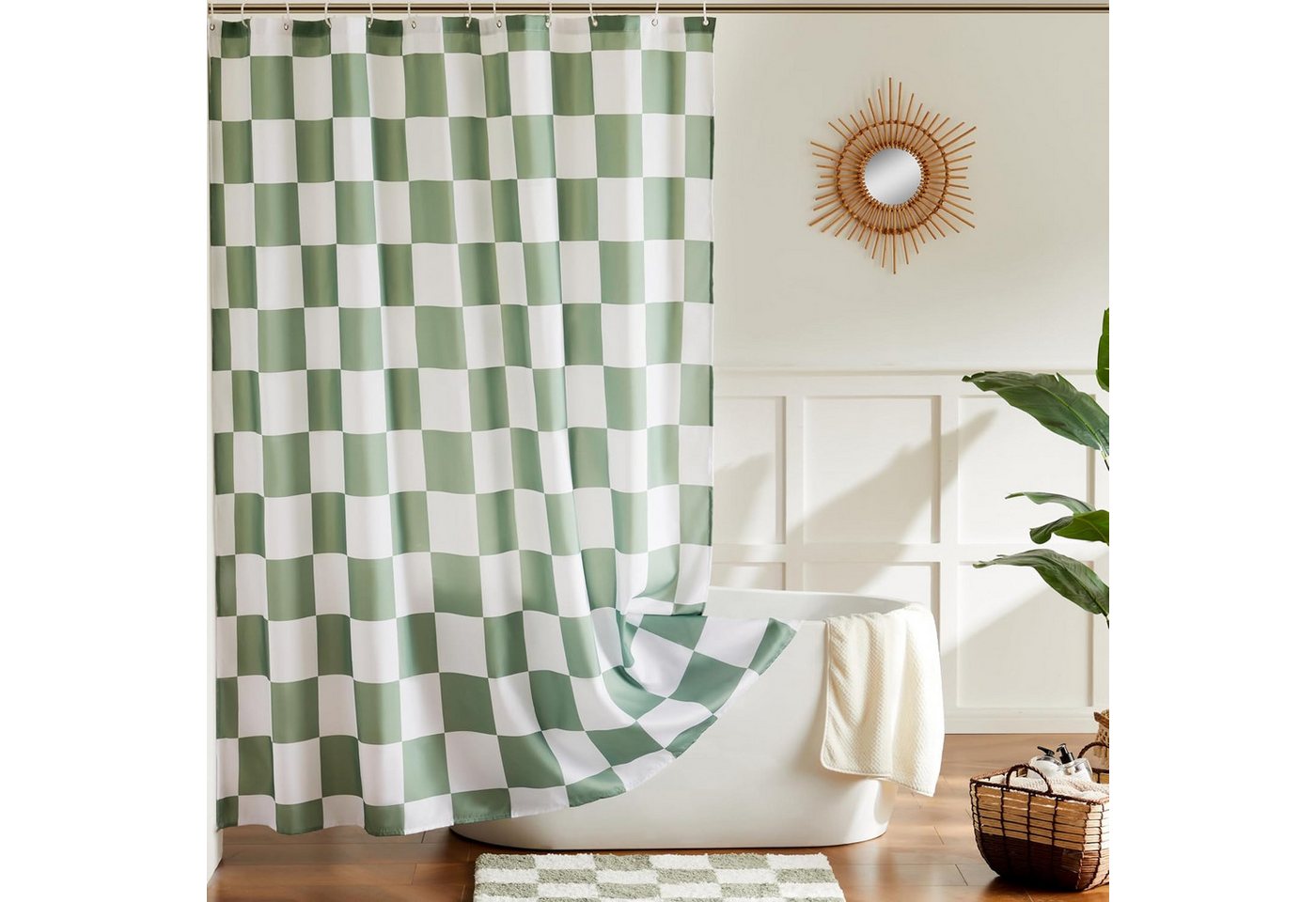 Coonoor Duschvorhang für Badezimmer, hübsches Retro-Schachbrettmuster,183 x 183 cm – Bild 2 von 5