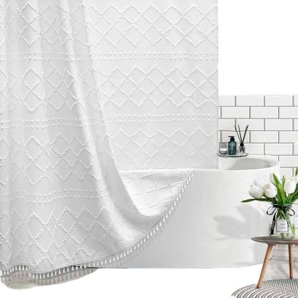 Coonoor Duschvorhang Waschbar Duschvorhang Wassertropf Polyester Badvorhang Anti-schimmel Breite 91 cm, Boho-Duschvorhang aus weißem Webstoff mit Quaste