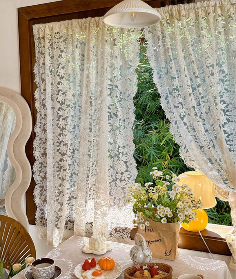 Coonoor Gardine 2er-Set Vorhänge, Spitzengaze für Wohnzimmer, Gardine Voile (2 St), Retro, gewellter Rand, Schlafzimmer, Erkerfenster, Stickerei – Bild 2 von 5