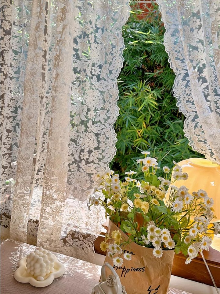 Coonoor Gardine 2er-Set Vorhänge, Spitzengaze für Wohnzimmer, Gardine Voile (2 St), Retro, gewellter Rand, Schlafzimmer, Erkerfenster, Stickerei – Bild 3 von 5