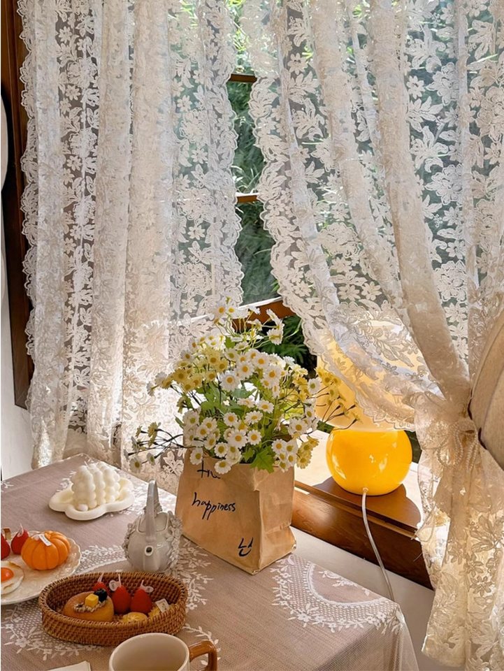 Coonoor Gardine 2er-Set Vorhänge, Spitzengaze für Wohnzimmer, Gardine Voile (2 St), Retro, gewellter Rand, Schlafzimmer, Erkerfenster, Stickerei – Bild 4 von 5