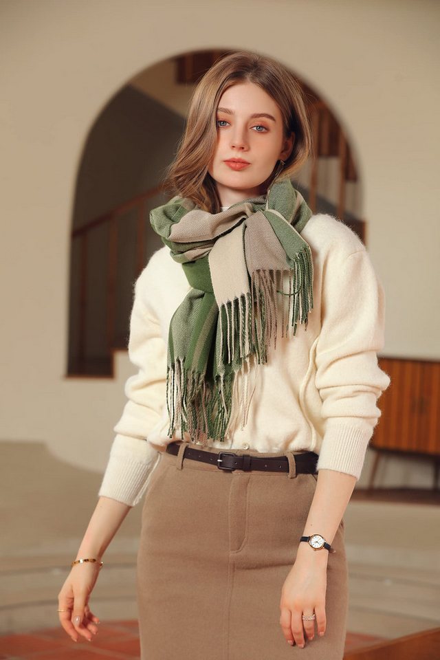 Coonoor Modeschal Damen Kariert Oversized Schal mit Fransen, Winterschal Weich Wraps, Karo Fransen Schals Warm für Herbst Winter, Mischfarbe – Bild 4 von 5