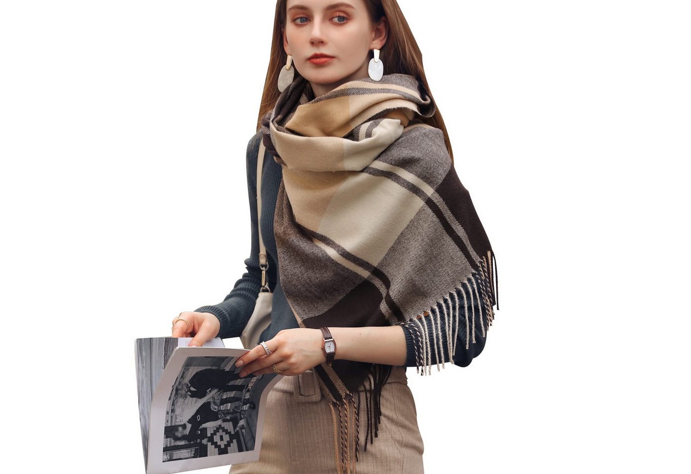 Coonoor Modeschal Damen Kariert Oversized Schal mit Fransen, Winterschal Weich Wraps, Karo Fransen Schals Warm für Herbst Winter, Mischfarbe – Bild 3 von 5