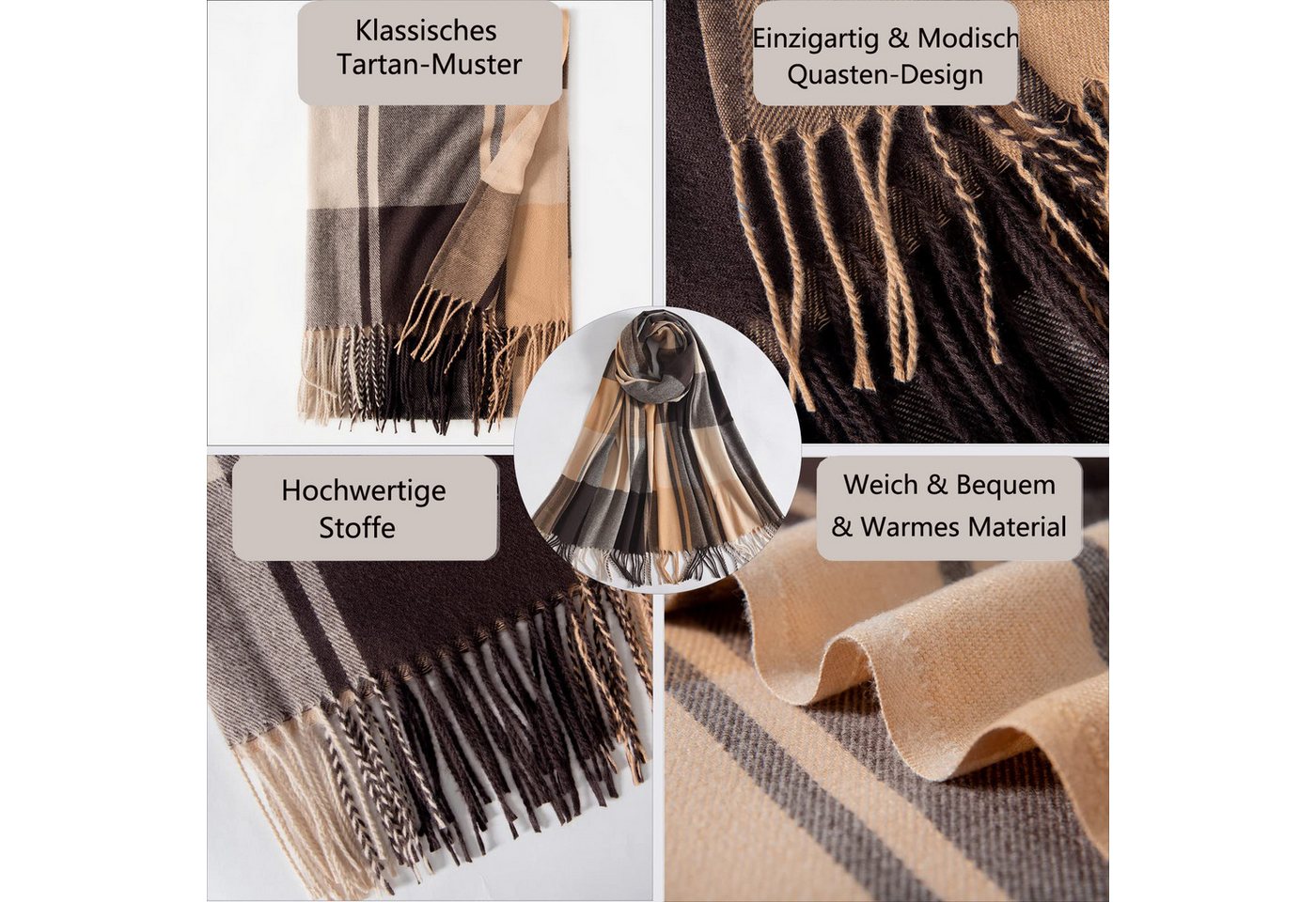 Coonoor Modeschal Damen Kariert Oversized Schal mit Fransen, Winterschal Weich Wraps, Karo Fransen Schals Warm für Herbst Winter, Mischfarbe – Bild 5 von 5