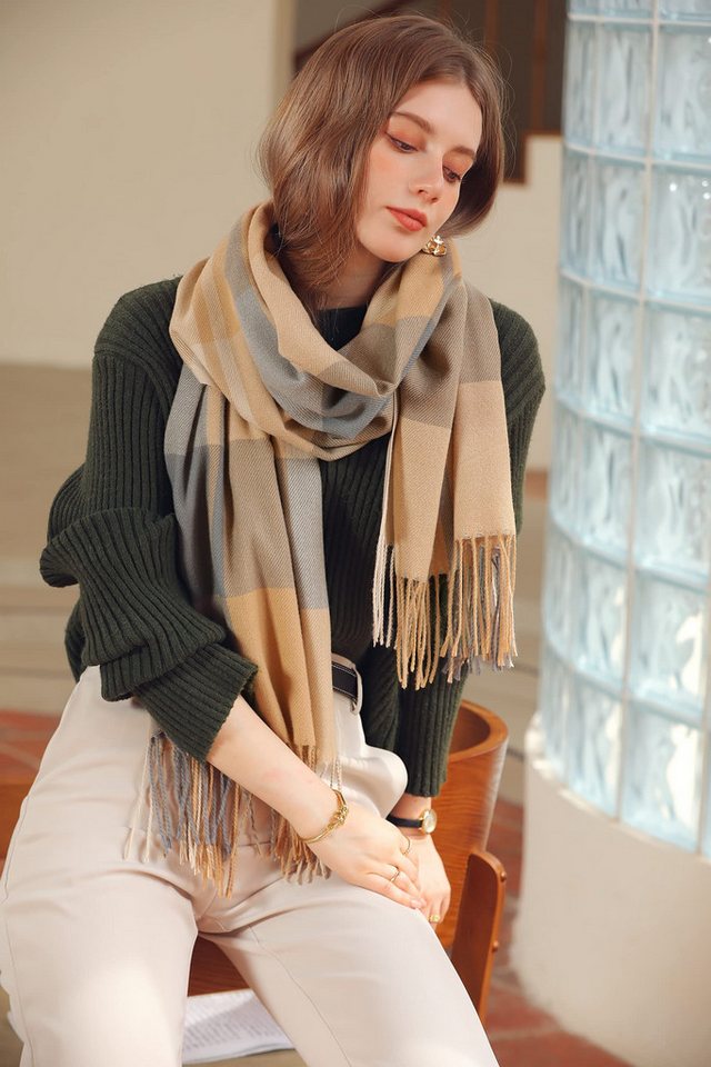 Coonoor Modeschal Damen Kariert Oversized Schal mit Fransen, Winterschal Weich Wraps, Karo Fransen Schals Warm für Herbst Winter, Mischfarbe – Bild 3 von 5