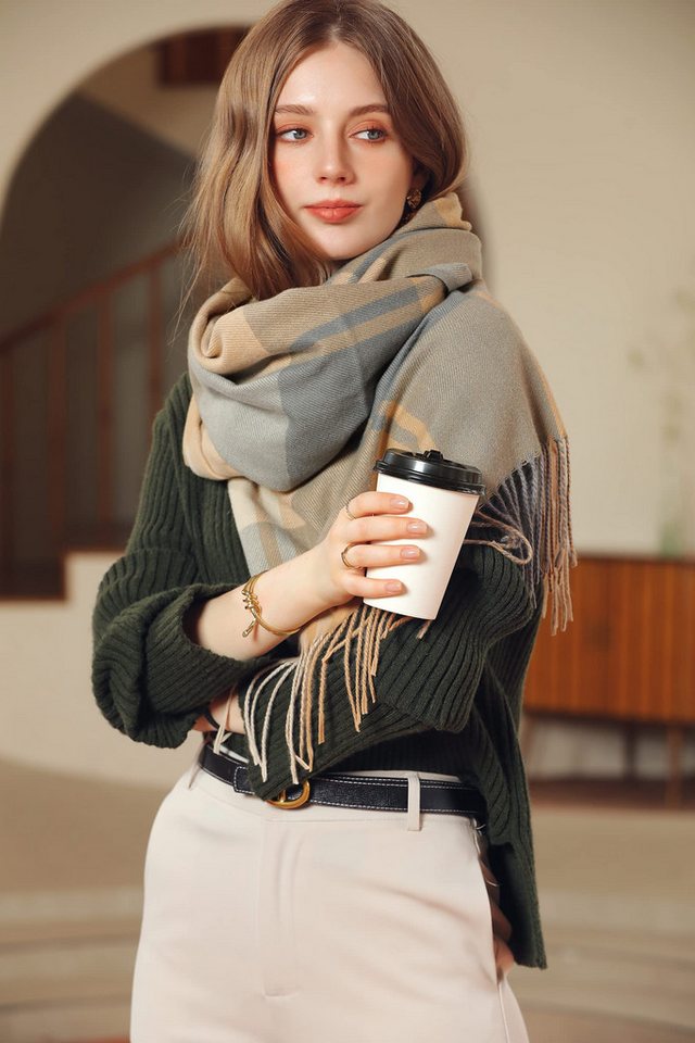 Coonoor Modeschal Damen Kariert Oversized Schal mit Fransen, Winterschal Weich Wraps, Karo Fransen Schals Warm für Herbst Winter, Mischfarbe – Bild 4 von 5