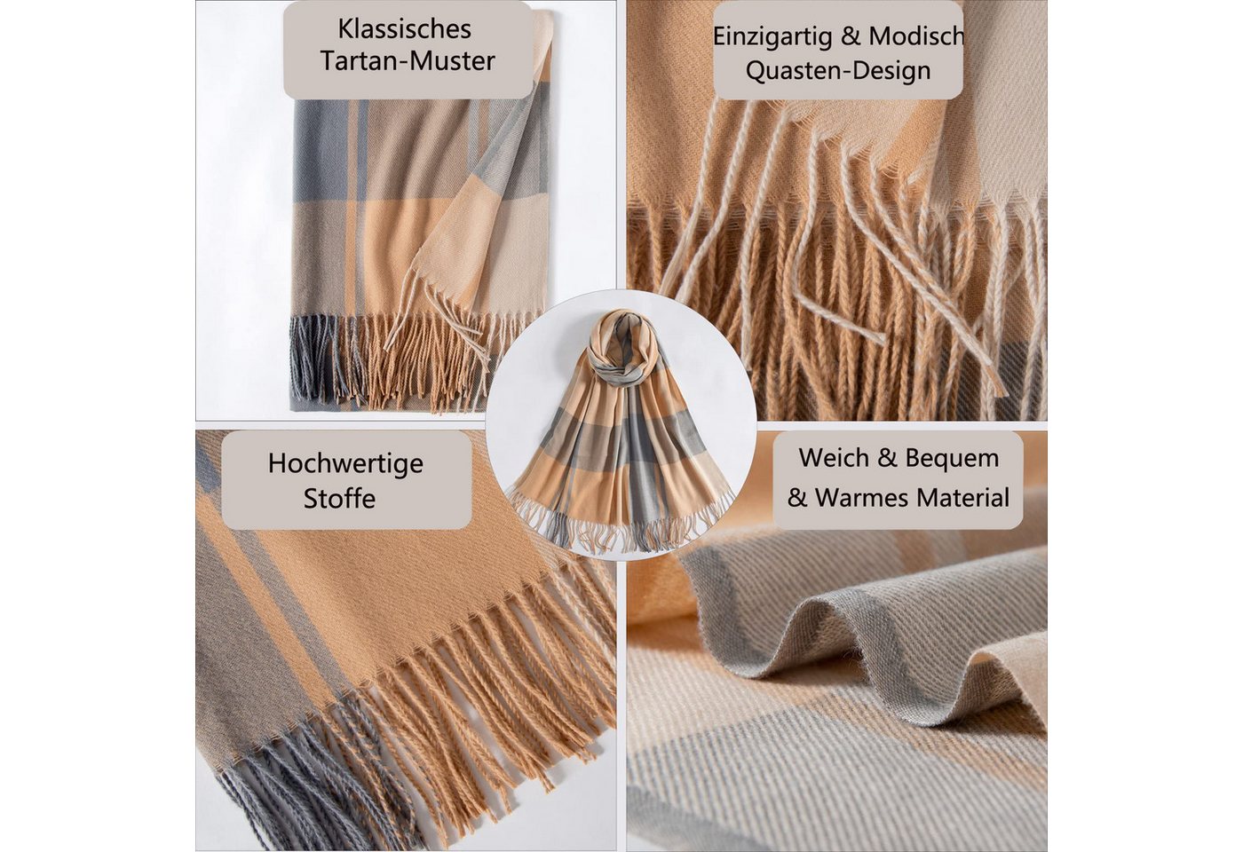 Coonoor Modeschal Damen Kariert Oversized Schal mit Fransen, Winterschal Weich Wraps, Karo Fransen Schals Warm für Herbst Winter, Mischfarbe – Bild 5 von 5