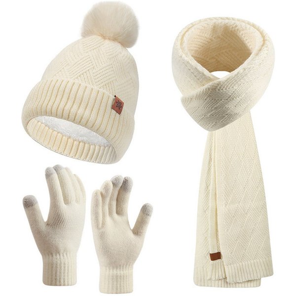 Coonoor Mütze & Schal Damen Winter-Set, Mütze mit Bommel, Schal & Touchscreen-Handschuhe (3-tlg) Fleece gefüttert, warmes 3-in-1 Geschenkset