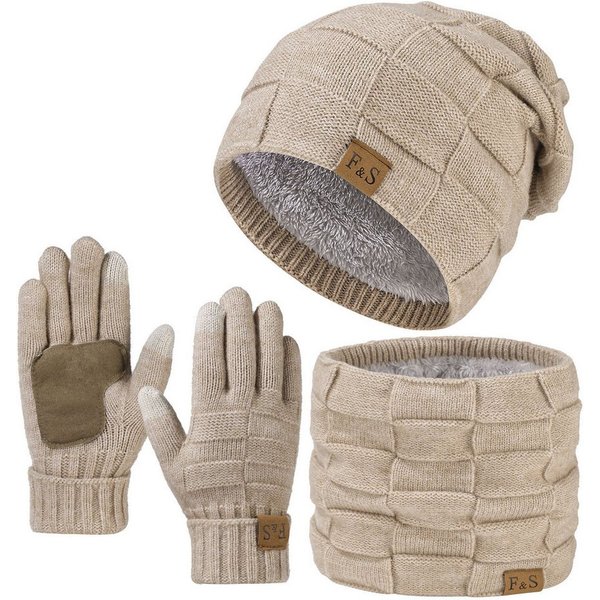 Coonoor Mütze & Schal Strickmütze, Schal und Handschuh-Set, Winterstrickmütze, Touchscreen-Handschuhe, gefütterter Kragen, Unisex