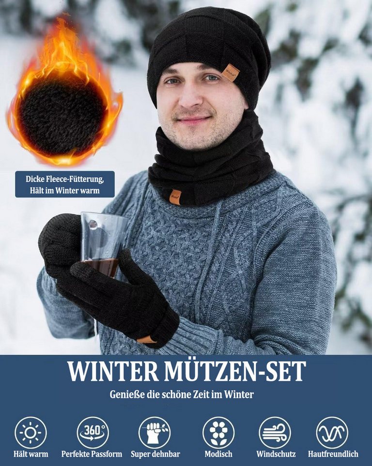 Coonoor Mütze & Schal Strickmütze, Schal und Handschuh-Set, Winterstrickmütze, Touchscreen-Handschuhe, gefütterter Kragen, Unisex – Bild 2 von 5