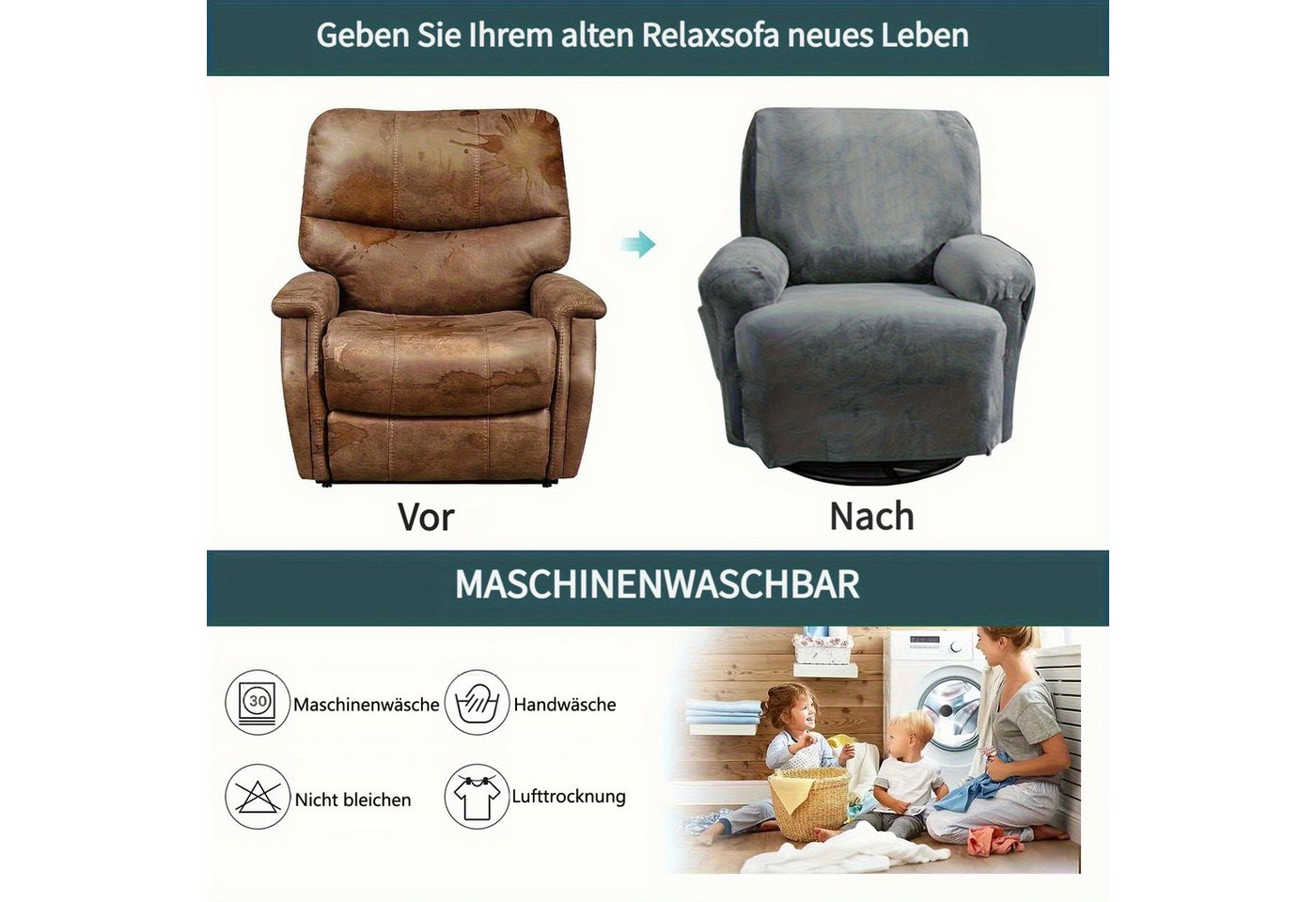 Coonoor Relaxsesselhusse Samt Sesselschoner, Relaxsessel Stretchhusse, mit Taschen, für Fernsehsessel Liege Sessel – Bild 5 von 5