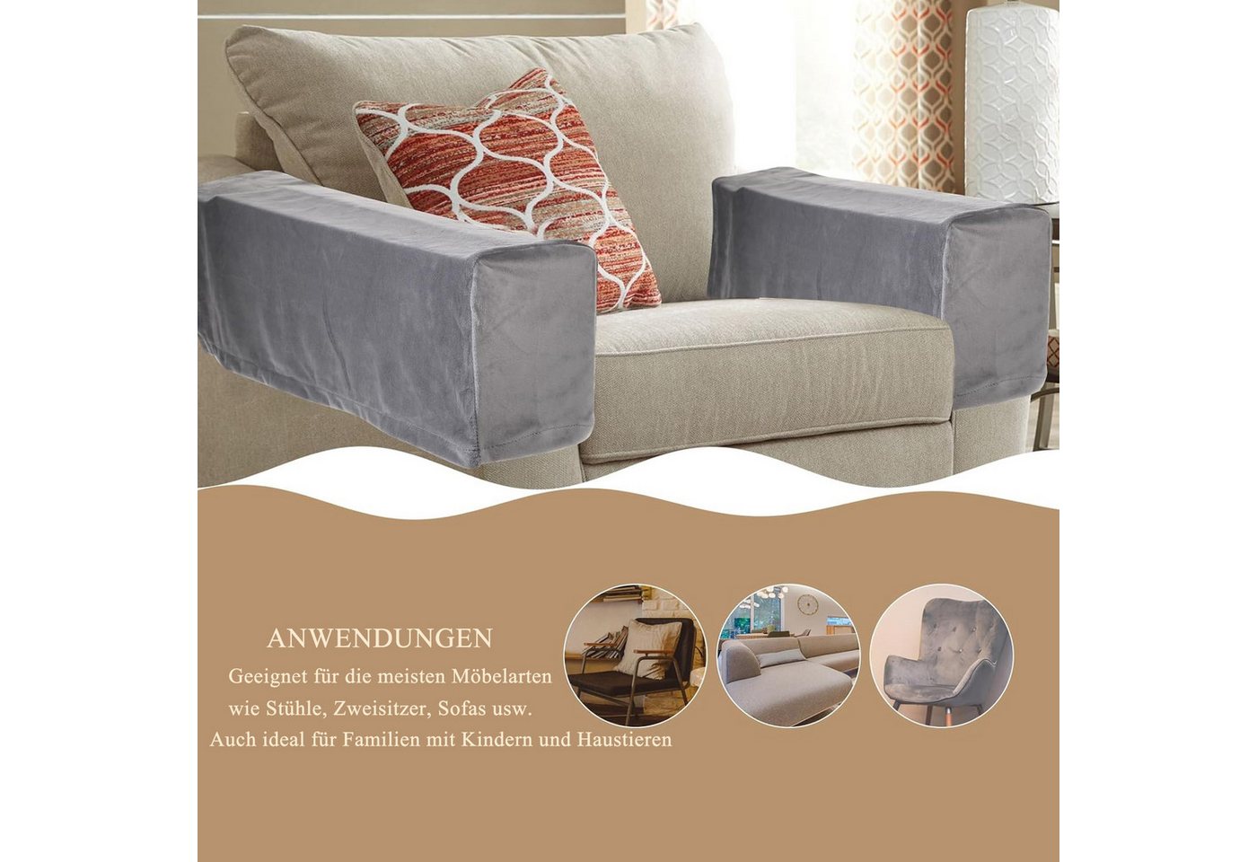 Coonoor Sofahusse Armlehnenschoner 2 Stück Elastische Sofa Armlehnenbezüge, Sesselschoner Sofahusse Sofa Armlehne Abdeckung, Samt – Bild 5 von 5