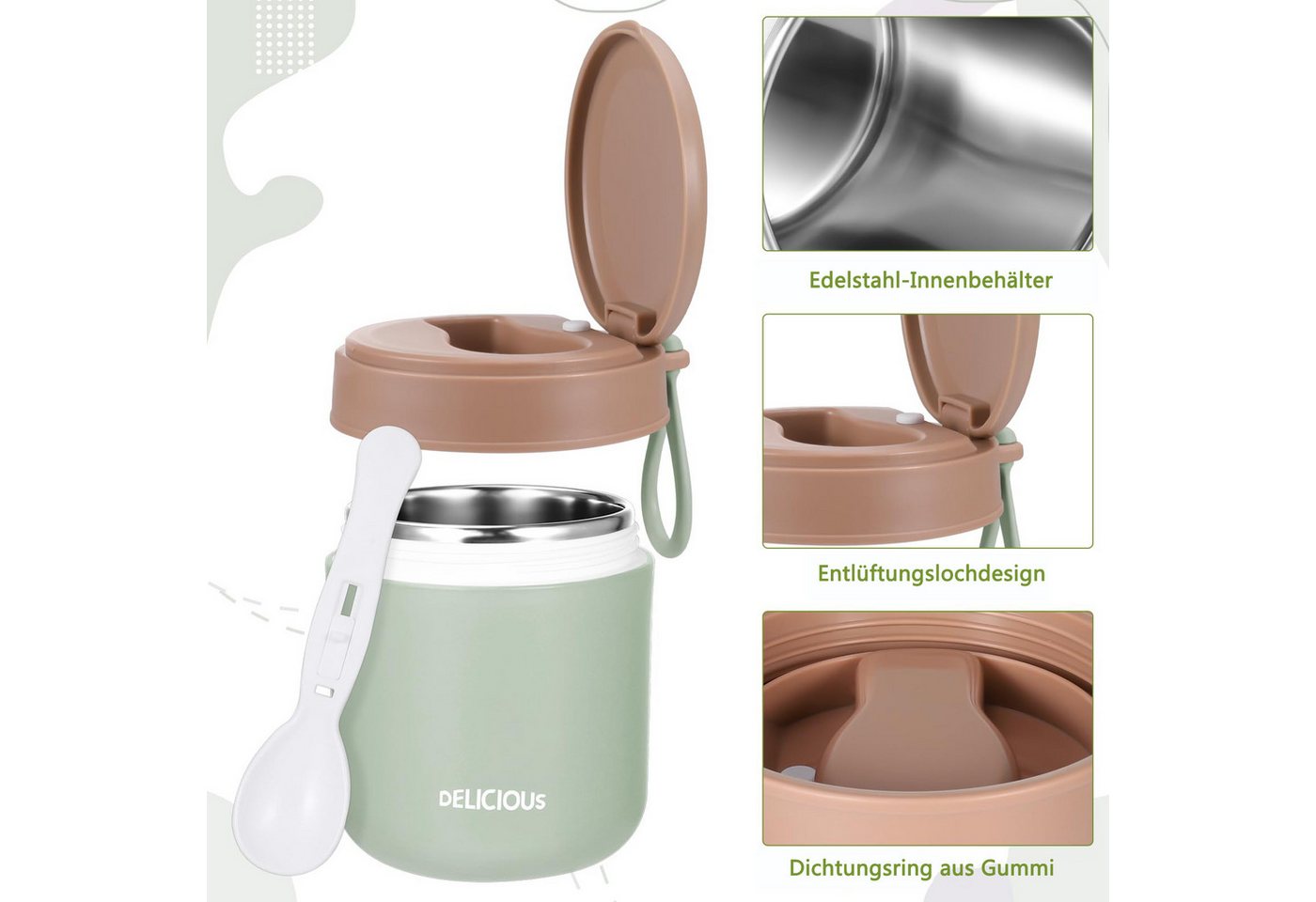Coonoor Thermobehälter Warmhaltebehälter, Edelstahl, Auslaufsichere, Edelstahl, Müslibecher To Go mit Löffel – Bild 4 von 5