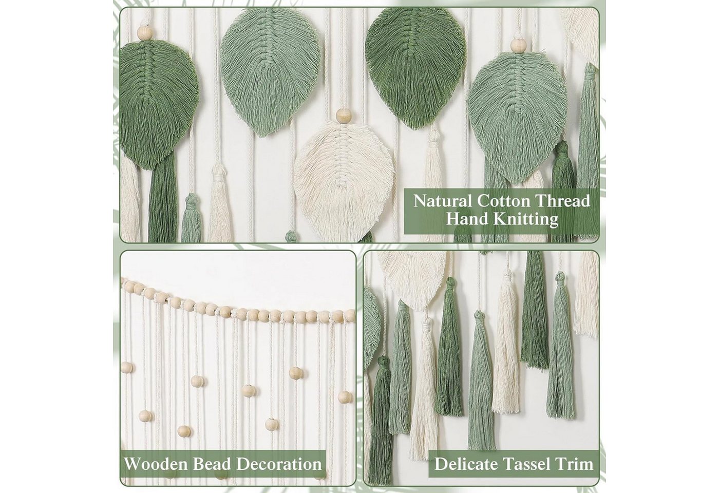 Coonoor Wanddekoobjekt Makramee-Wandbehang mit Blattquaste, großer Wandteppich mit Holzperlen (1 St), Boho-Stil, handgefertigt, gewebter Wandteppich aus Baumwol – Bild 4 von 5