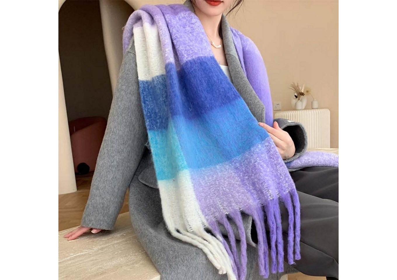 Coonoor Wollschal Damen Schal,kuschelweich Karo,Winter Schal Poncho Qualität mit Fransen – Bild 3 von 5