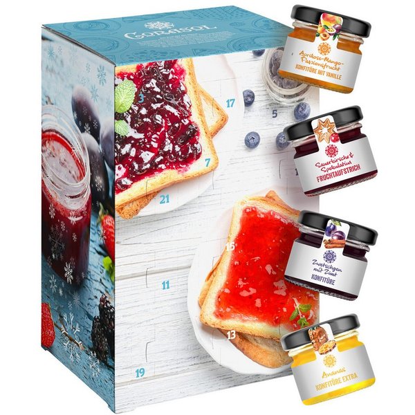 Corasol Lebensmittel-Geschenkset Premium Frühstück-Adventskalender mit Marmeladen & Konfitüren, Fruc