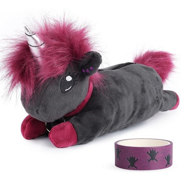 Corimori Federmäppchen Plüsch Etui, süße Designs als Drache & Einhorn, Ruby das Punk-Einhorn (anthrazit/lila) - Schule, Schultüte, Washi Tape