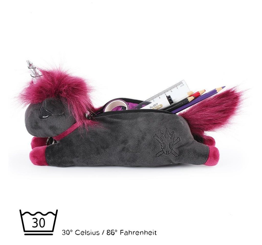 Corimori Federmäppchen Plüsch Etui, süße Designs als Drache & Einhorn, Ruby das Punk-Einhorn (anthrazit/lila) - Schule, Schultüte, Washi Tape – Bild 3 von 5