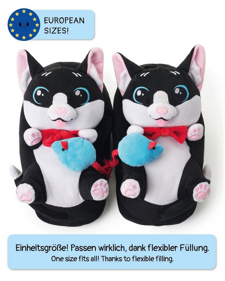 Corimori Katze Balou schwarz weiß, super warme Plüsch Hausschuhe (Packung, Geschenk) warme Tier-Pantoffeln Slipper, EU Einheitsgröße 34-44, Balou der Kater – Bild 2 von 5