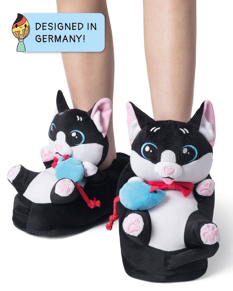 Corimori Katze Balou schwarz weiß, super warme Plüsch Hausschuhe (Packung, Geschenk) warme Tier-Pantoffeln Slipper, EU Einheitsgröße 34-44, Balou der Kater – Bild 3 von 5