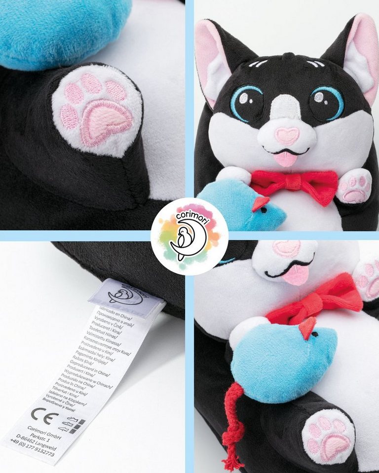 Corimori Katze Balou schwarz weiß, super warme Plüsch Hausschuhe (Packung, Geschenk) warme Tier-Pantoffeln Slipper, EU Einheitsgröße 34-44, Balou der Kater – Bild 4 von 5