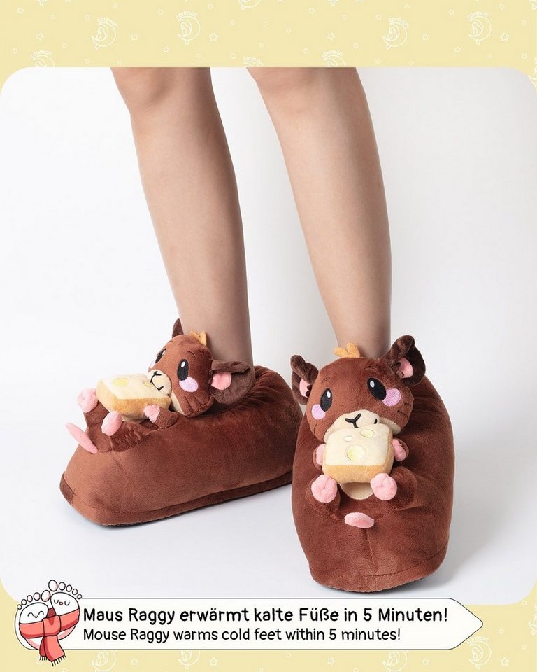 Corimori Süße, flauschige Maus Tier-Pantoffeln, Slipper Plüsch Hausschuhe (Packung, Geschenk) warme, weiche Puschen, EU Einheitsgröße 34-44, Raggy die Maus – Bild 2 von 5