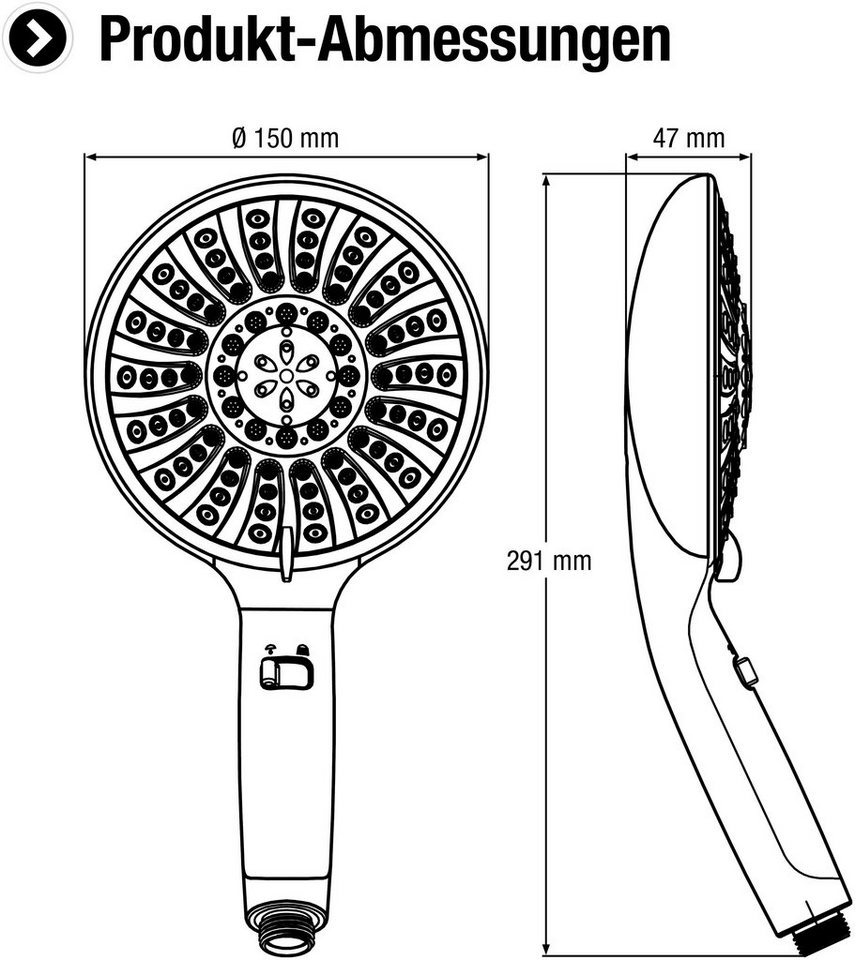 CORNAT Handbrause 150 mm Kopfdurchmesser - 5 Strahlarten: Normal-, Soft- & Massagestrahl, verchromt - Wasserstop & Anti-Kalk – Bild 4 von 4