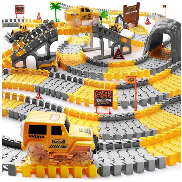 Coroiesty Autorennbahn DIY-Rennbahn Baustellen-Set, Perfektes Geburtstagsgeschenk für Kinder, (Set), Flexible Schienen, 360°-Loop, beleuchteter Rennwagen, Baufa