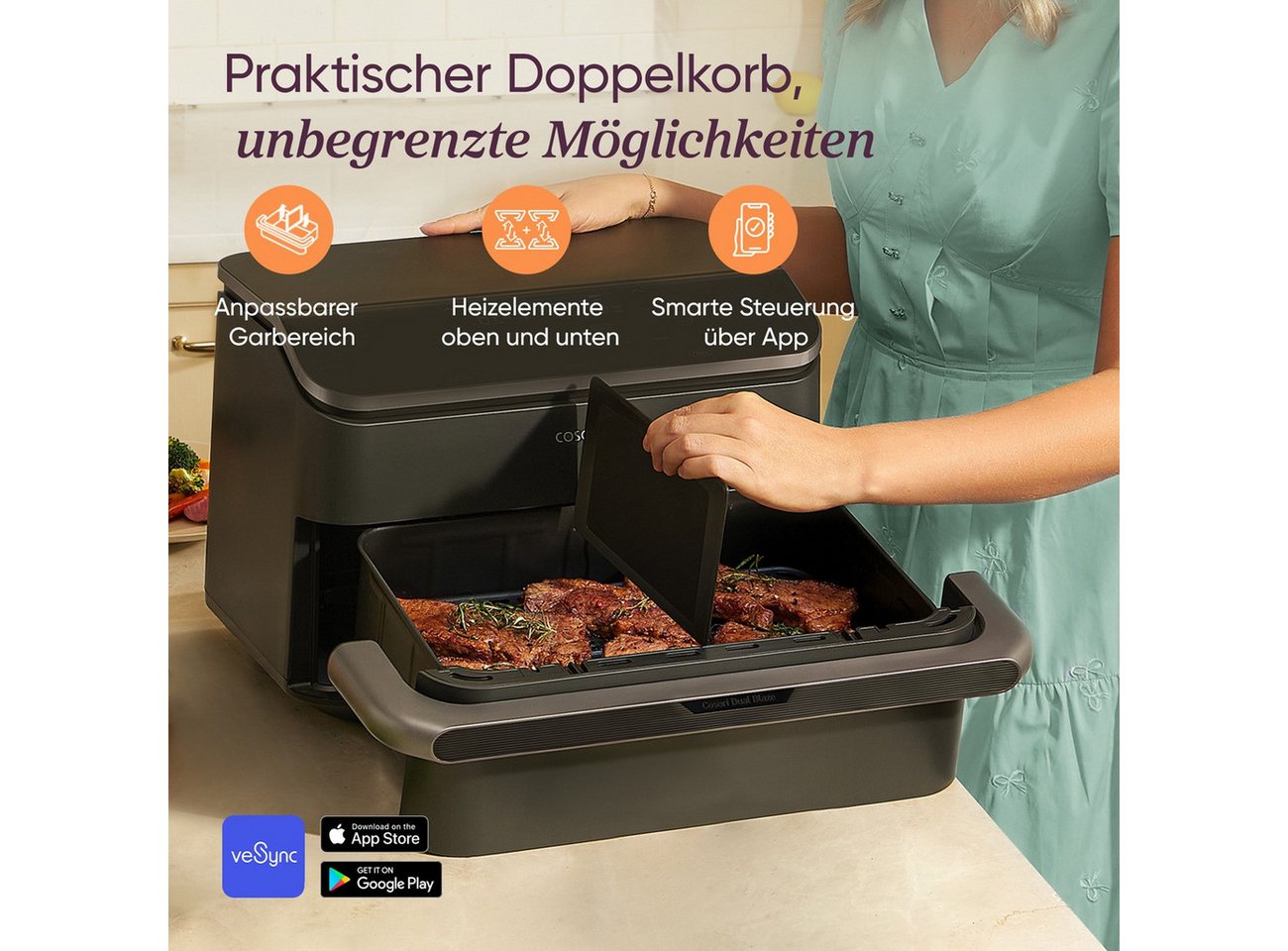 Cosori Fritteuse, 2800 W, 2 x 5 l, 35–240 °C, App-Steuerung, spülmaschinengeeignete Körbe – Bild 5 von 5