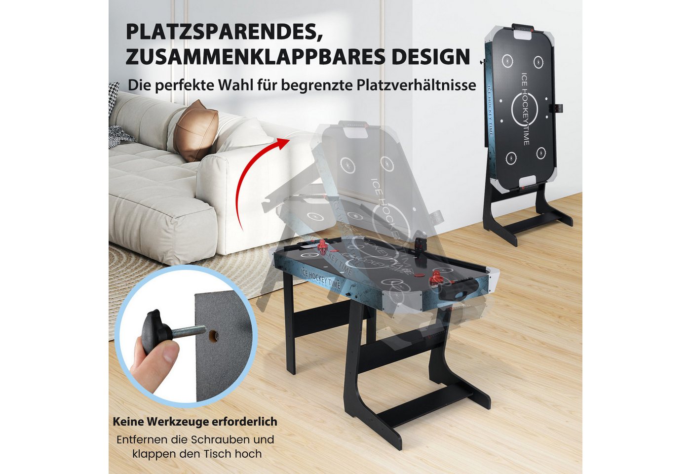 COSTWAY Air-Hockeytisch, 144cm klappbarer Arcade-Tisch mit LED-Anzeige – Bild 4 von 5