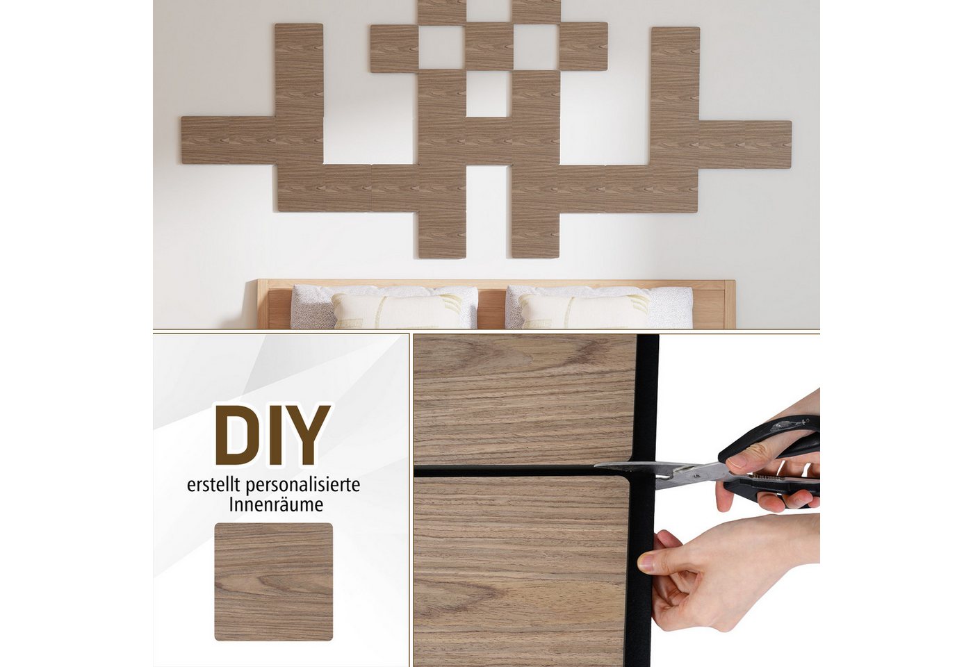 COSTWAY Akustikplatte, (4-St), Für Wände mit 9 quadratischen Holzplatten – Bild 3 von 5