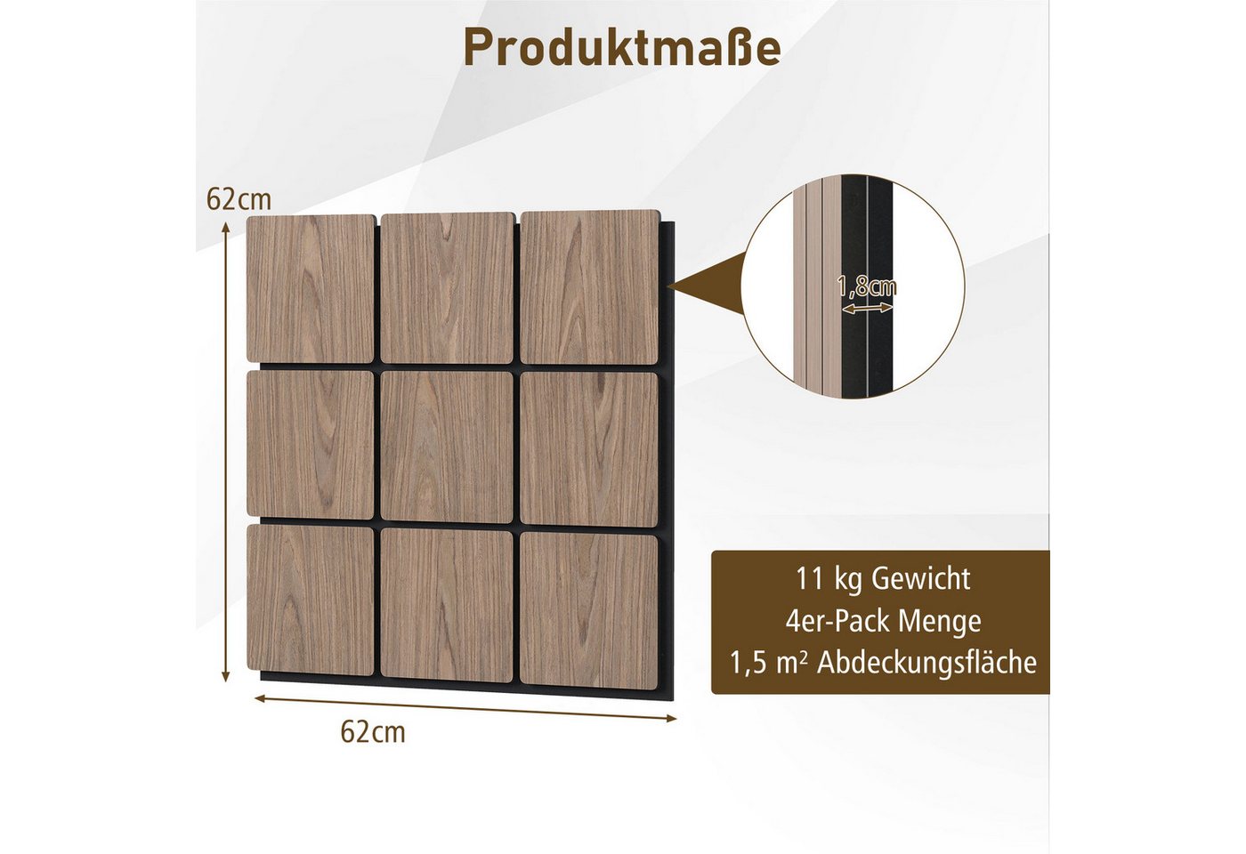 COSTWAY Akustikplatte, (4-St), Für Wände mit 9 quadratischen Holzplatten – Bild 5 von 5