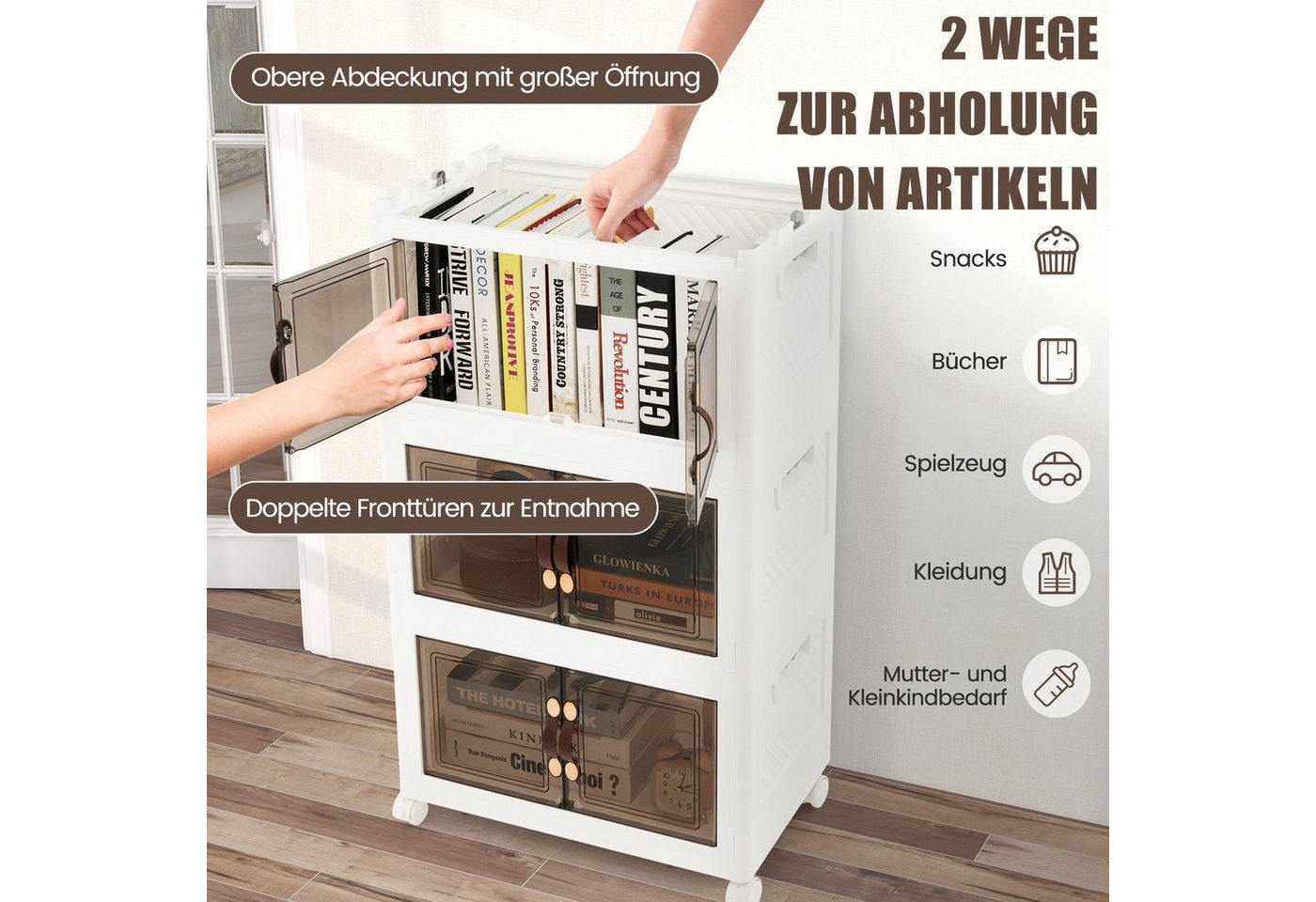 COSTWAY Aufbewahrungsbox, 3er Set, faltbar, stapelbar, mit Deckel, Rädern & Türen – Bild 2 von 5