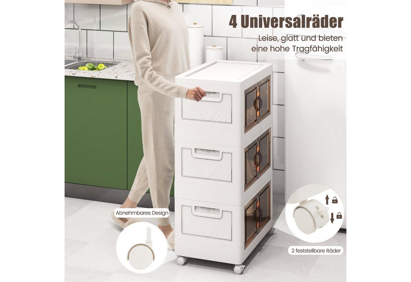 COSTWAY Aufbewahrungsbox, 3er Set, faltbar, stapelbar, mit Deckel, Rädern & Türen – Bild 3 von 5