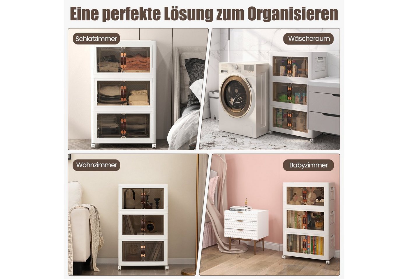 COSTWAY Aufbewahrungsbox, 3er Set, faltbar, stapelbar, mit Deckel, Rädern & Türen – Bild 4 von 5