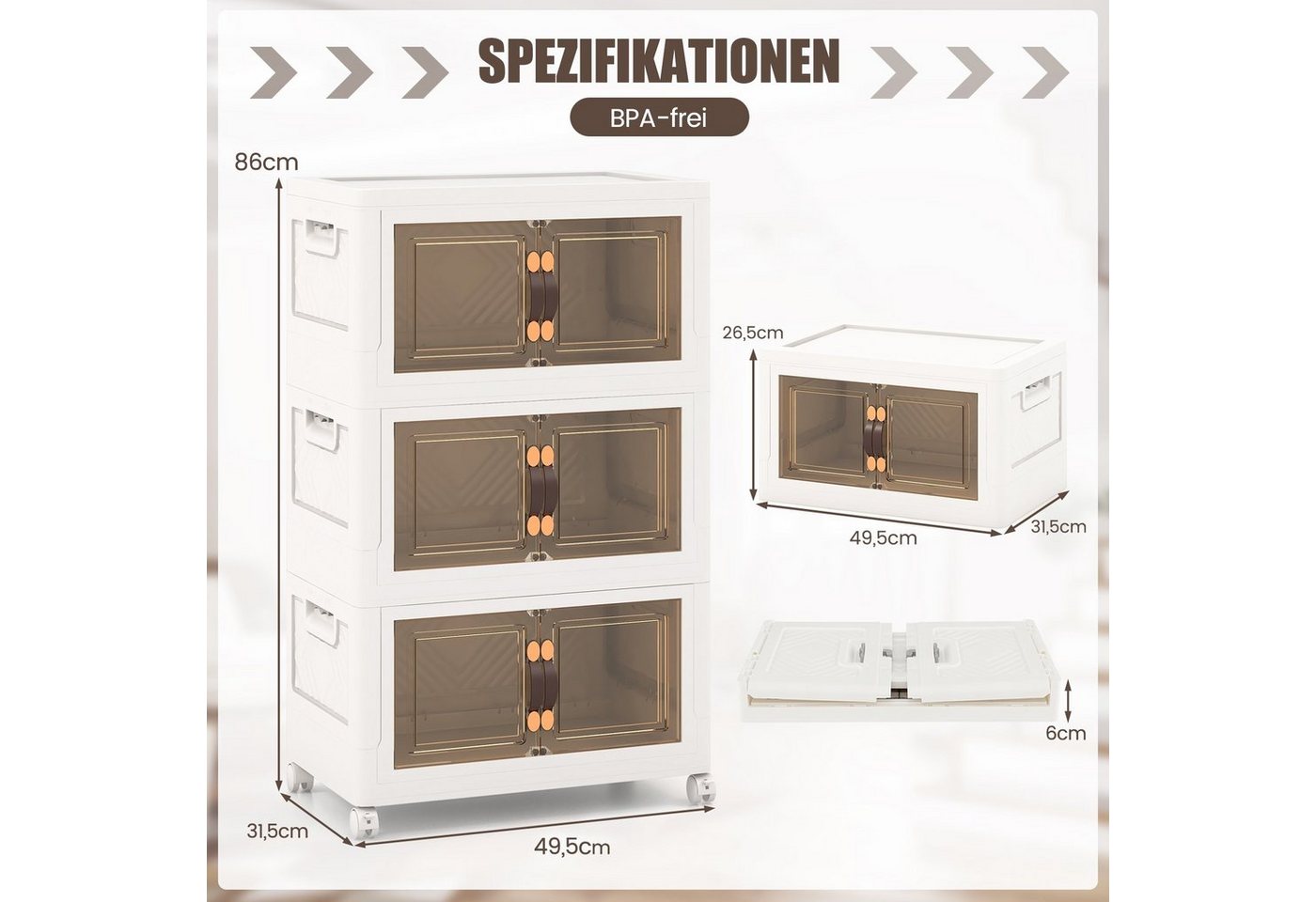 COSTWAY Aufbewahrungsbox, 3er Set, faltbar, stapelbar, mit Deckel, Rädern & Türen – Bild 5 von 5