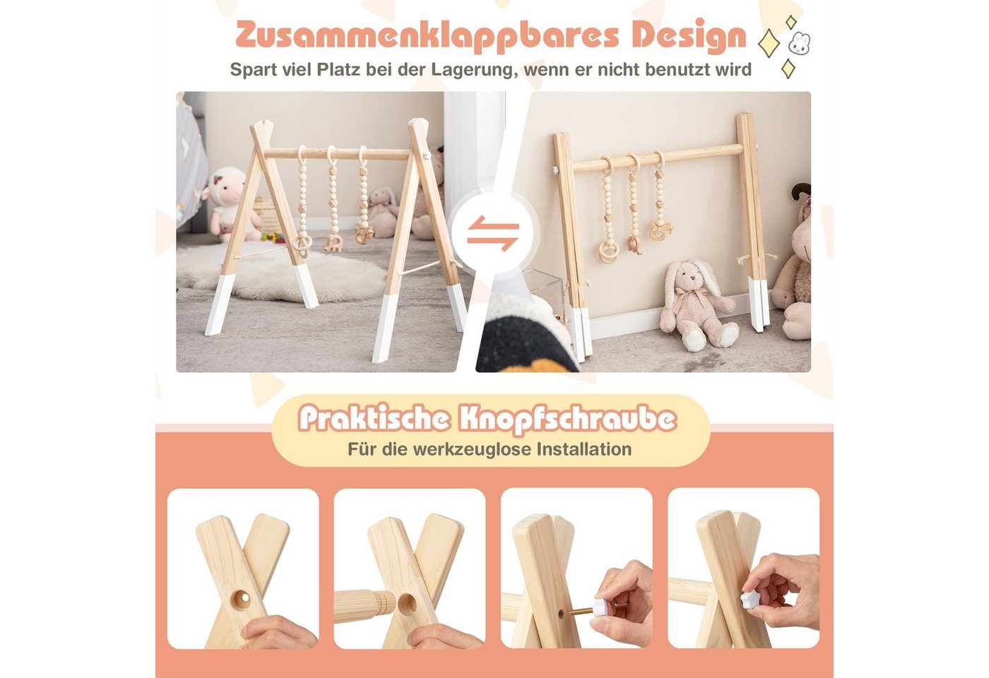 COSTWAY Baby Gym Spielbogen, mit 3 Kinderspielzeugen, klappbar, aus Holz – Bild 2 von 4