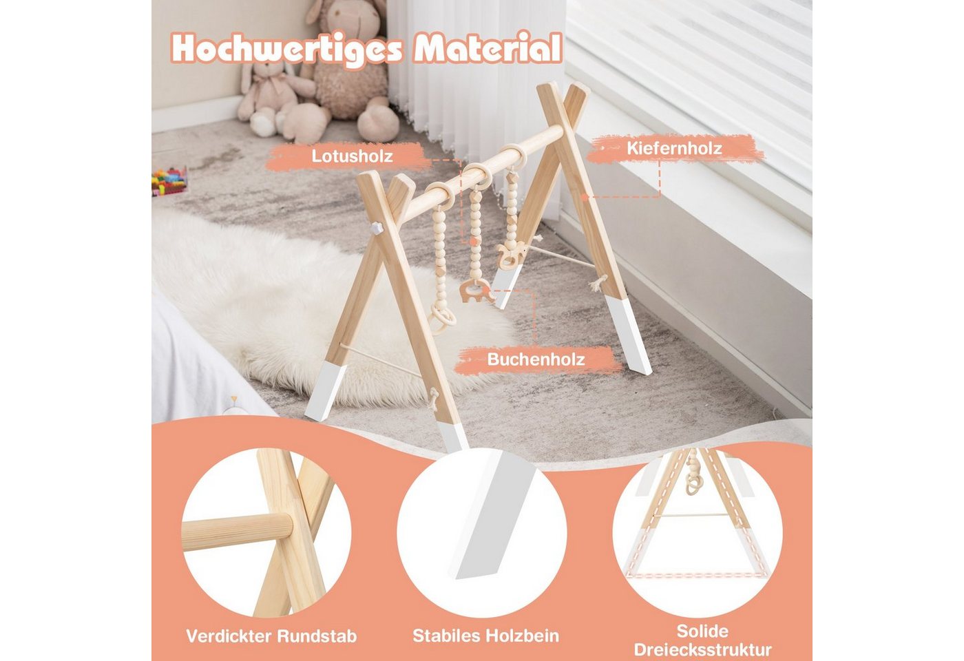 COSTWAY Baby Gym Spielbogen, mit 3 Kinderspielzeugen, klappbar, aus Holz – Bild 3 von 4