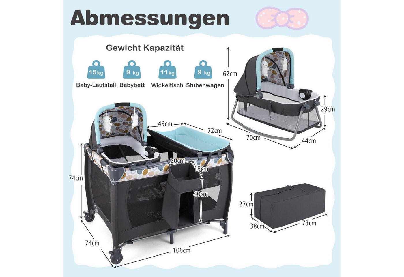 COSTWAY Baby-Reisebett, 1-tlg., Laufstall, Babybett mit Babywiege, Wickeltisch, Matratze – Bild 2 von 5