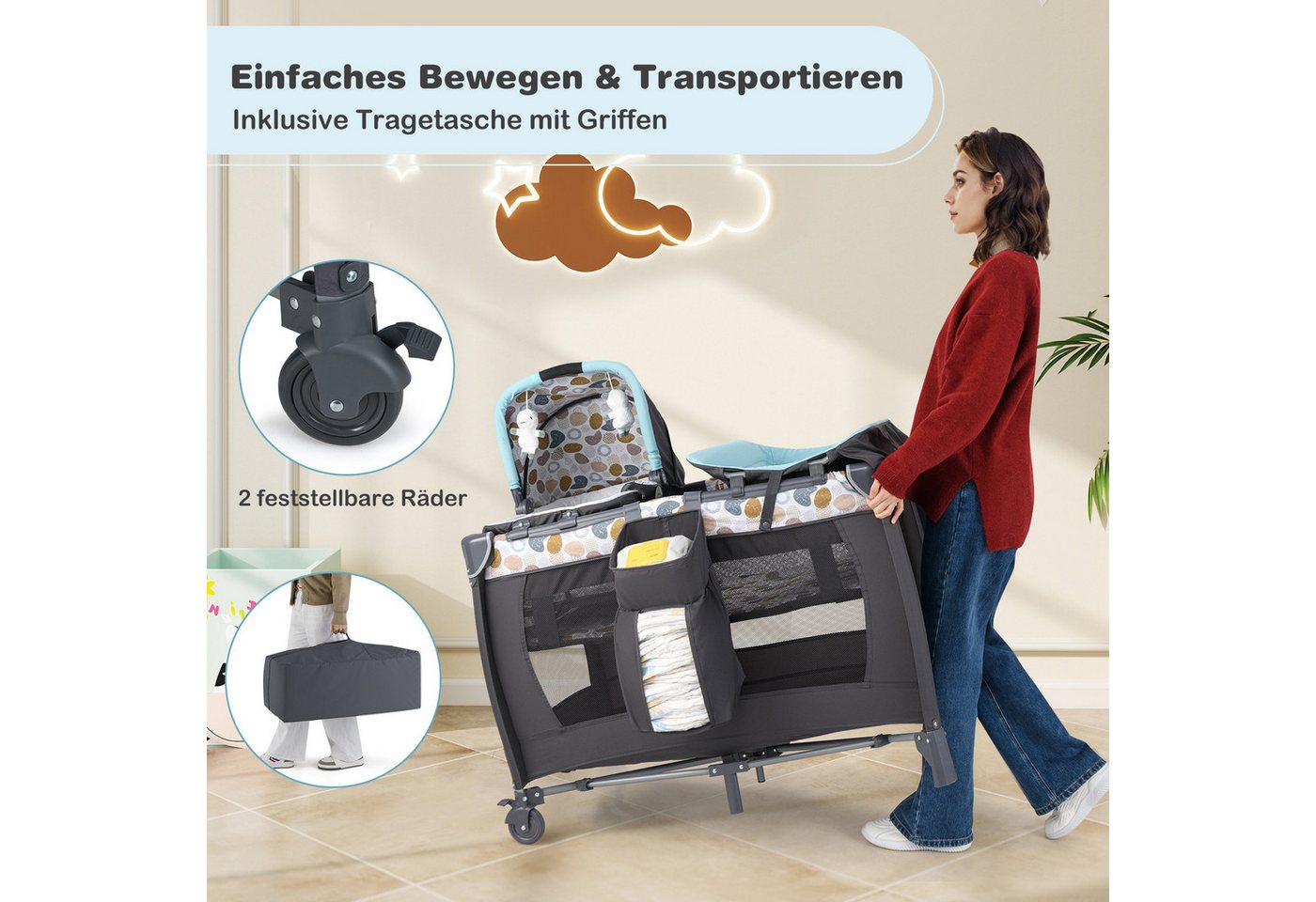 COSTWAY Baby-Reisebett, 1-tlg., Laufstall, Babybett mit Babywiege, Wickeltisch, Matratze – Bild 3 von 5