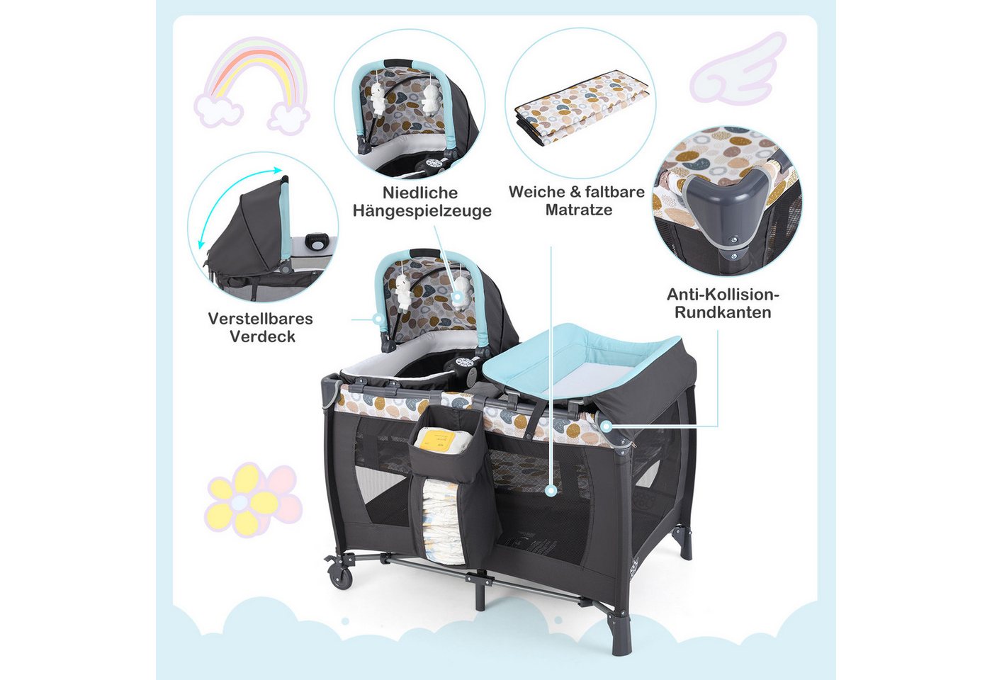 COSTWAY Baby-Reisebett, 1-tlg., Laufstall, Babybett mit Babywiege, Wickeltisch, Matratze – Bild 4 von 5