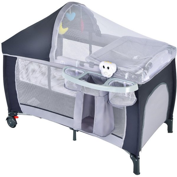 COSTWAY Baby-Reisebett 4 in 1 Kinderbett, klappbar, mit Matratze & 2 Rollen