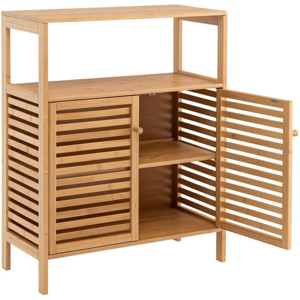 COSTWAY Badkommode, Bambus,abnehmbares Regal,Lamellentüren, 64x27,5x80cm