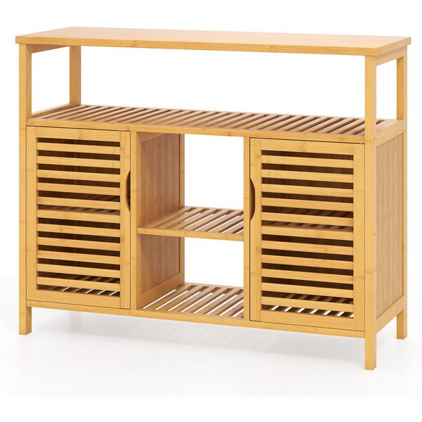 COSTWAY Badkommode, Badezimmerschrank Bambus mit Lamellentüren, 100x35x80cm