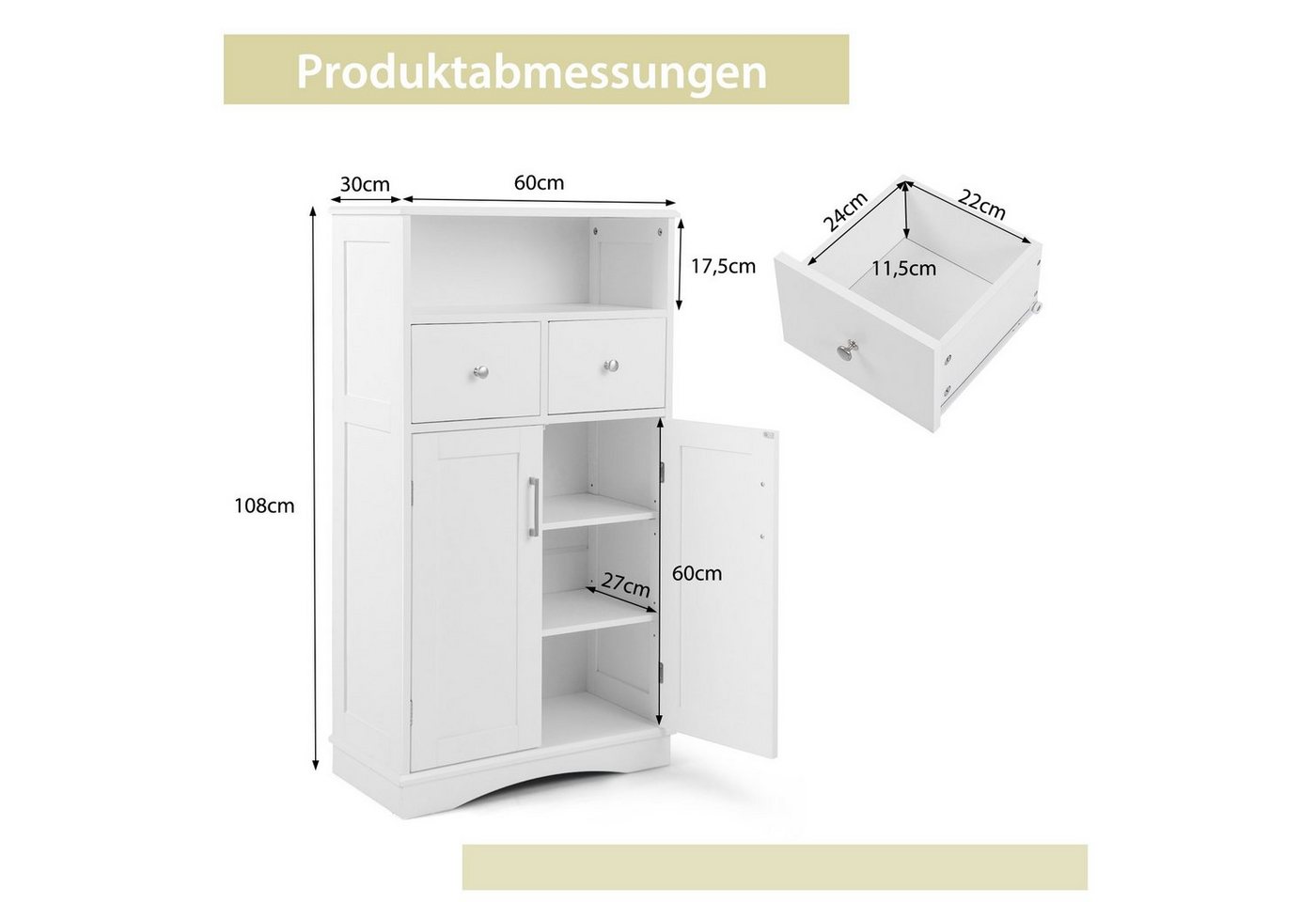COSTWAY Badkommode mit 2 Schubladen & 2 Türen, verstellbar, 60x30x108cm – Bild 3 von 5