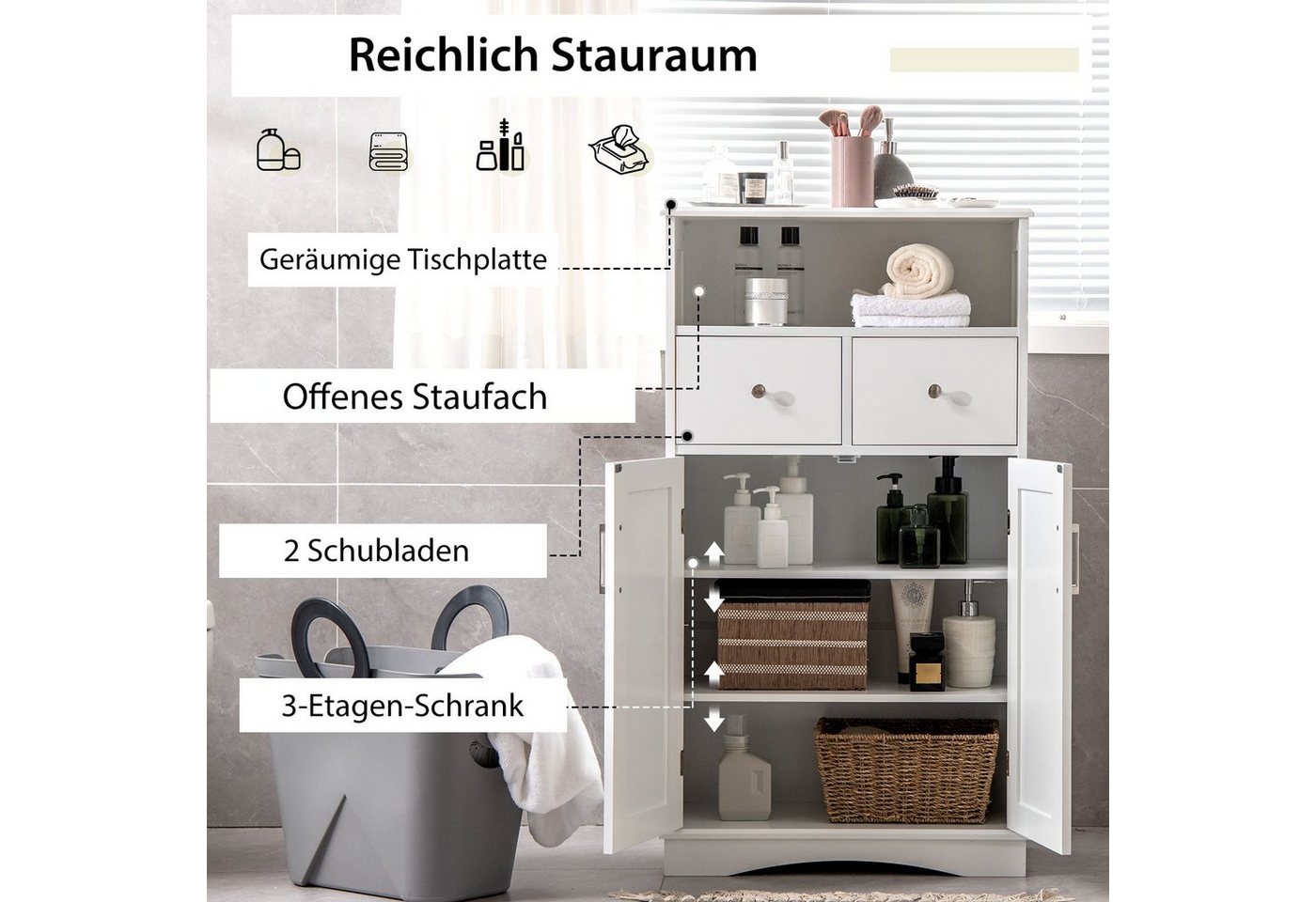 COSTWAY Badkommode mit 2 Schubladen & 2 Türen, verstellbar, 60x30x108cm – Bild 5 von 5