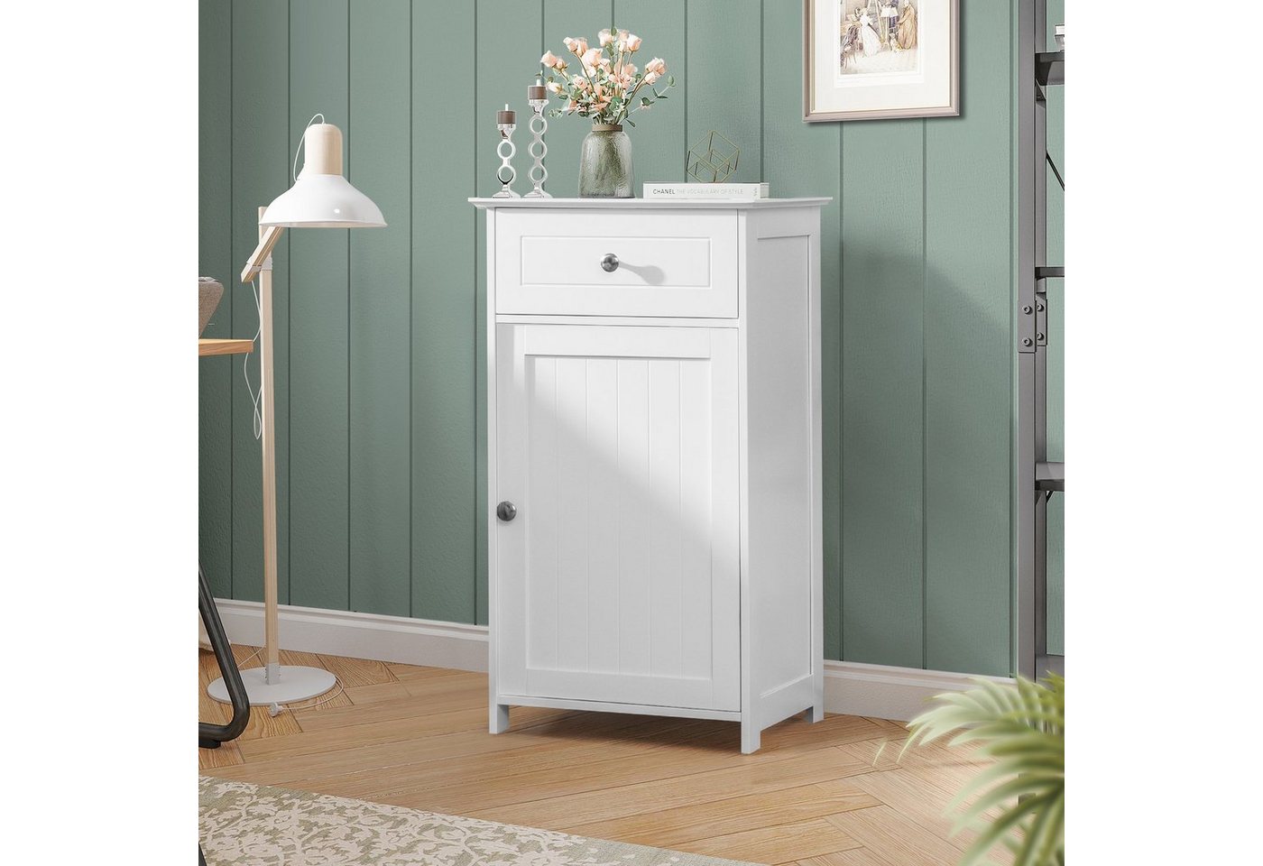 COSTWAY Badkommode mit Schublade & Tür, Badezimmerschrank verstellbare Ablage – Bild 2 von 5